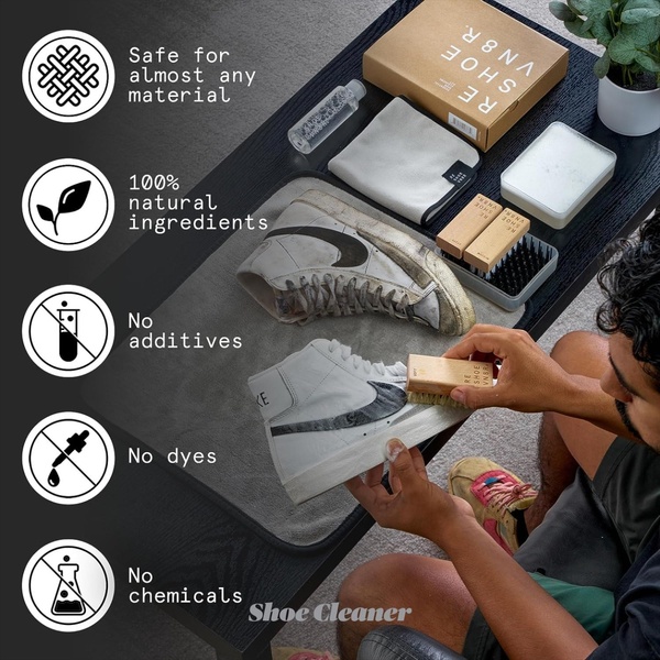 shoe cleaner, sneaker cleaner, shoe cleaning kit, shoe care kit, sneaker cleaning set, shoe brush cleaner, brand awareness, product launch, lifestyle, flat lay, trustworthy, bold, black, neutral